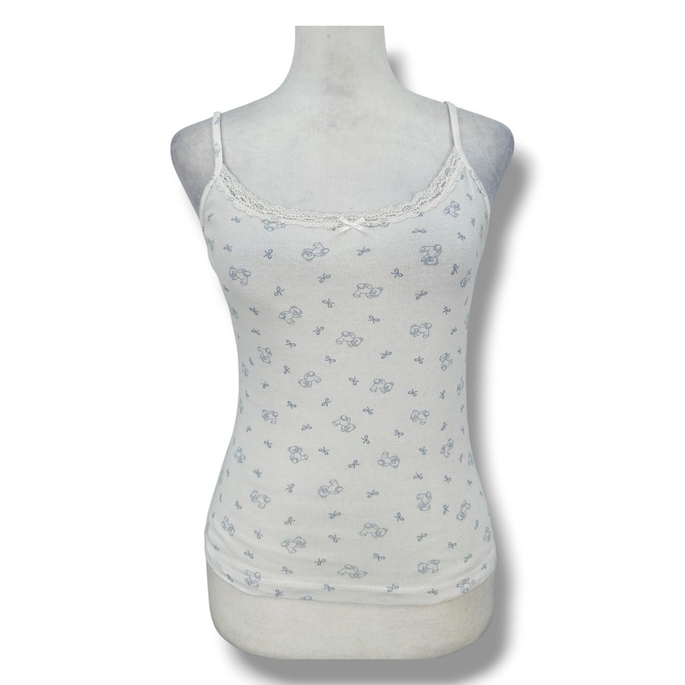 John Galt White Teddy Bear Pointelle Lace Trim Tank Top 3 Coquette Balletcore
